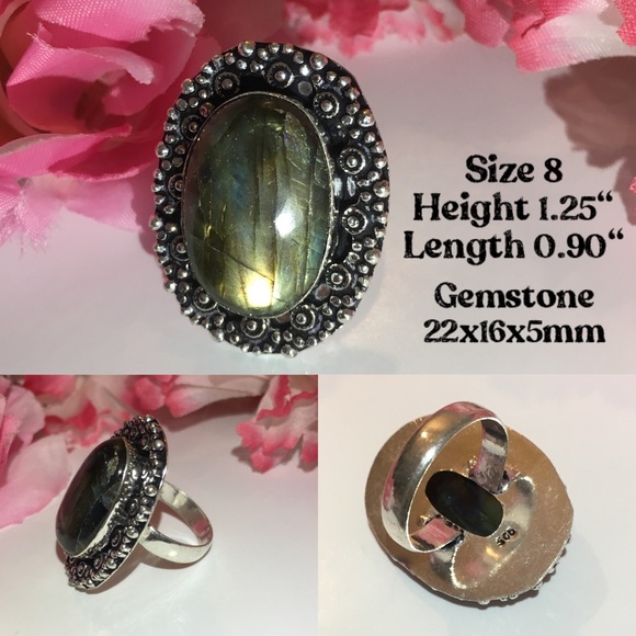 Flashy Natural Labradorite Gemstone Handmade Halo Ring - Picture 3 of 7